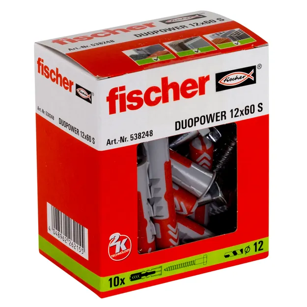Kołek DUOPOWER Fischer 12x60 S z wkrętem - 10 sztuk (538248) - Meblownia.pl