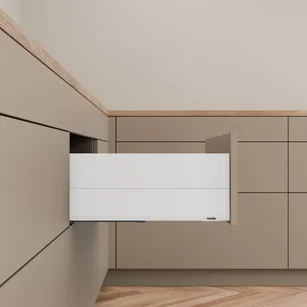 BLUM - Szuflada Merivobox BOXCAP 300 E z pełnym bokiem biała 40 kg
