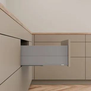 BLUM - Szuflada Merivobox BOXCAP 300 E z pełnym bokiem szara 40 kg