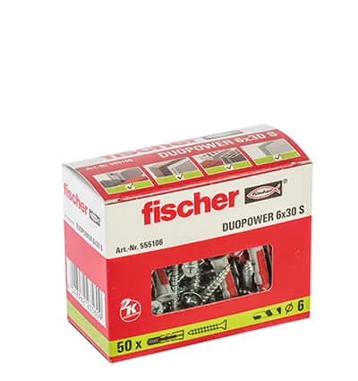 Kołek DUOPOWER Fischer 6x30 S z wkrętem - 50 sztuk (555106) - Meblownia.pl